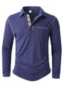 Langärmliges Herren-Poloshirt in Lila-Blau mit beiger Knopfleiste und Brusttasche - Marineblau