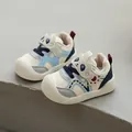 Cute cartoon panda design soft sole baby toddler walking shoes for boys and girls - Size 22-26 / 5 Pieces/Pack / Blue
