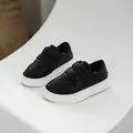 Minimalist black toddler sneakers with velcro straps and white rubber sole for kids - 21 / Casual Board Shoes (222) / Black