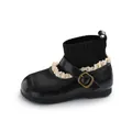 Retro girl's black sock boots with lace trim and buckle, round toe flyknit style - Size 21 Inner Length 13.5CM / Black