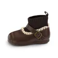 Vintage style brown girls' knit sock boots with elegant lace trim and buckle strap - Size 21 Inner Length 13.5CM / Coffee