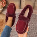 Stylish burgundy suede flat moccasins with plush faux fur trim for winter warmth and comfort - Burgundy