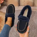 Elegant navy blue faux suede loafers featuring plush faux fur trim and warm lining - Navy Blue