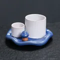 Ceramic mushroom incense burner set with blue wavy tray and white mini cups - Blue