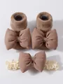 Conjunto de calcetines de punto grueso para bebé con lazo grande y diadema de encaje - S 0-1 Años / Caqui
