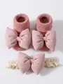 Conjunto de calcetines y diadema rosa para bebé con lazos para calor invernal. - S 0-1 Años / Rosa Empolvado