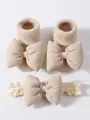 Conjunto de calcetines y diadema de encaje beige para bebé con grandes lazos de tela suaves - S 0-1 Años / Beige