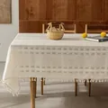 Vintage rustic cream cotton linen tablecloth with delicate embroidery and tassels - Yingyue Stripe Series / 60*60cm / Beige