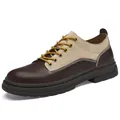 Retro color-block men's cowhide leather shoes with 5cm heightening and lug sole - 38 / Flat Bottom Style / Dark Brown