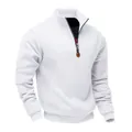 Detailed view of white fleece sweatshirt featuring a stand-up collar and metal zipper. - S / Tops / White