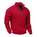 Detailed view of the red heavyweight fleece sweatshirt with a metal half-zip collar. - Red