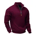 Close-up of heavy fleece quarter-zip sweatshirt showing standing collar and ribbed cuffs - S / Tops / Burgundy