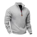 Detailed view of grey heavyweight fleece sweatshirt with stand collar and 1/4 zip - S / Tops / Light Gray