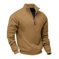Detailed view of men's heavy fleece khaki sweatshirt with a stylish 1/4 zip stand collar. - Camel