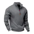 Detailed view of men's dark gray quarter-zip fleece sweatshirt with cozy stand collar - Dark Gray
