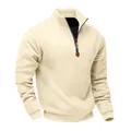 Detailed view of men's cream heavy fleece sweatshirt with 1/4 zip and stand collar - Apricot