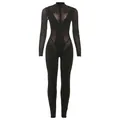 Sexy black long sleeve jumpsuit with mesh patchwork and sheer hollow out details - S / Jumpsuits / Black