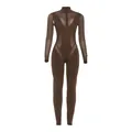 Sexy brown mesh patchwork long-sleeved slim-fit jumpsuit with high neck design for women - XS / Jumpsuits / Brown
