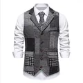 Men's retro patchwork tweed waistcoat with lapel and classic houndstooth pattern - S / Tops / Gray Plaid