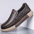 Dark brown leather business casual men's shoes with textured finish and thick sole - 38 / Brown Slip-on All Seasons