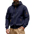 Detail of navy blue heavy fleece zip-up hoodie with orange accents and sleeve pocket - M / Tops / Navy Blue