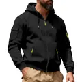 Close-up of men's heavy fleece zip-up hoodie with cargo pocket details - M / Tops / Black