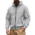 Detail of men's gray heavyweight zip-up hoodie with orange zipper accents and cargo pocket. - M / Tops / Light Gray