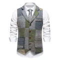Vintage patchwork men's lapel waistcoat vest featuring colorful plaid tweed pattern design - S / Tops / Blue Plaid