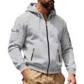 Detailed view of men's tactical grey zip-up hoodie with orange zipper accents - M / Tops / Light Gray