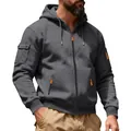 Close-up detail of dark gray men's heavy fleece zip-up hoodie with orange zipper accents - M / Tops / Dark Gray