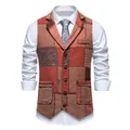 Gilet de costume vintage pour homme avec revers et motif patchwork en tweed rétro chic - Rouge Orangé