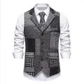 Gilet d'homme vintage à revers avec motifs patchwork en chevrons et pied-de-poule - S / Hauts / À Carreaux Gris