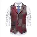 Gilet de costume vintage pour homme avec revers et motifs en tweed bordeaux et gris - S / Hauts / Plaid Rouge Vin