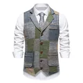 Gilet de costume pour homme en patchwork rétro avec revers pour l'automne - S / Hauts / Carreaux Bleus