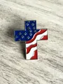 Detailed view of American flag cross brooch with red white blue enamel finish - Cross / 2.2X2.5cm