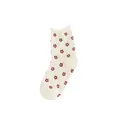 Cream-colored mid-calf cotton socks with red flower print and ruffled top edge. - One Size / All-over Floral