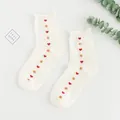 Cute white mid-calf cotton socks with small red heart and biscuit patterns for girls - One Size / Side Heart Pattern