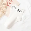 Cute white cotton crew socks featuring an embroidered bear pattern and stylish ruffled edges - One Size / Bear Embroidery