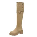 Klassische Overknee-Stiefel aus kamelfarbenem Wildlederimitat mit Blockabsatz und Schnalle - 35 / Apricot Fleecegefüttert