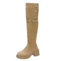 Stylische, hellbraune Wildleder Overknee-Westernstiefel mit Blockabsatz und Schnalle - 35 / Aprikose