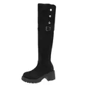 Schwarze Overknee-Stiefel aus Wildlederimitat mit Blockabsatz und metallischer Schnalle - Schwarz