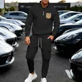 Heavyweight black fleece tracksuit set with cargo pockets and stand collar detail - Black