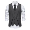 Detail view of men's grey herringbone waistcoat vest with classic v-neck design - S / Tops / Dark Gray