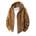 Men's brown plush hooded jacket with thick fleece lining and cable knit texture - S / Hooded Top (25626) / Khaki