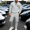 Grey men's fleece tracksuit set with stand collar sweatshirt and cargo joggers. - S / Top And Bottom / Light Gray