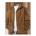 Men's brown textured fleece jacket with thick velvet lining for winter warmth - S / Stand Collar Top (25603) / Khaki