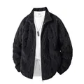 Men's black textured fleece zip-up jacket with warm velvet lining and stand collar - XL / Stand Collar Top (25603) / Black