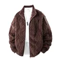 Men's warm brown fleece jacket featuring a thick textured diamond pattern and zip-up design - XL / Stand Collar Top (25603) / Coffee