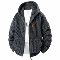 Premium men's dark grey thickened fleece hooded jacket with embossed cable-knit texture - XL / Hooded Top (25626) / Gray
