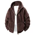Men's brown cable-knit fleece hooded jacket with zip pockets - XL / Hooded Top (25626) / Coffee